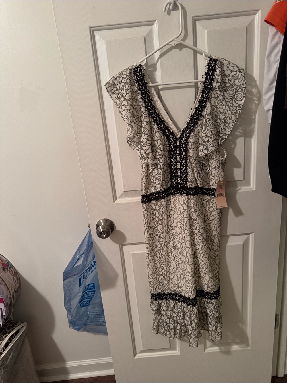 Nanette Lepore White & Black V-Neck Lace-Pattern Midi Dress